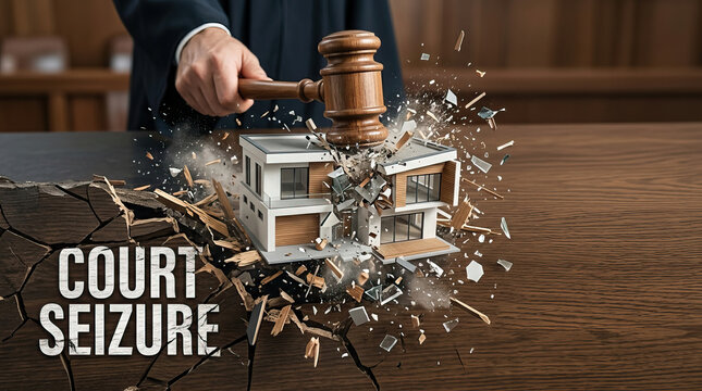 Court seizure concept with judge gavel smashing modern house model on wooden table, legal property confiscation and enforcement action illustration