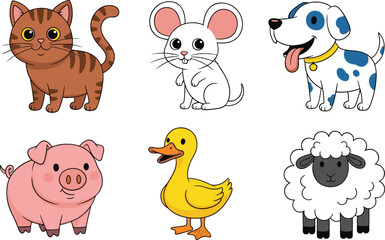 Obraz premium Cute cartoon farm and pet animals set including cat, mouse, dog, pig, duck and sheep illustration for kids education and nursery design