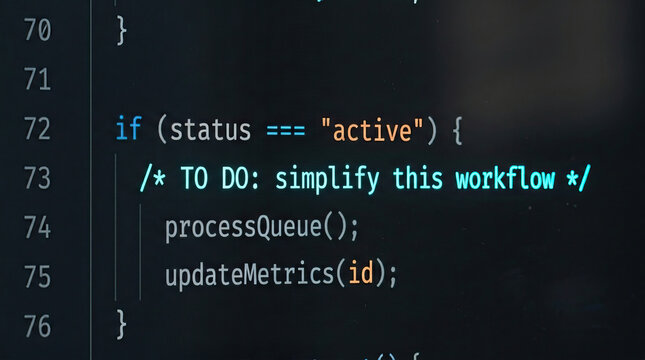 Code programming software workflow process update metrics status active simplify computer screen technology development script syntax function comment task queue digital data variable logic