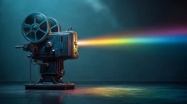 Vintage film projector emitting a vibrant rainbow spectrum beam of light against a dark background. 
Old film projector casting colorful rainbow light beam. 