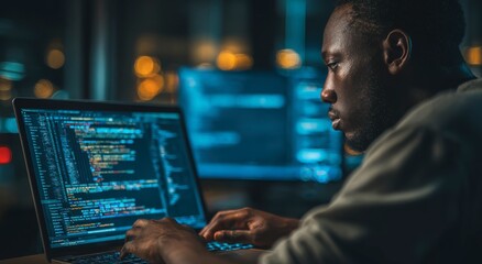 Fototapeta premium a man sitting in front of a laptop with code on the screen in a dark room with another monitor in th