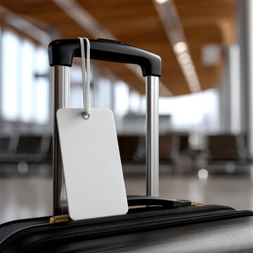 Simple blank white luggage tag hanging on black suitcase handle in modern airport terminal, travel concept, soft natural light, minimal style