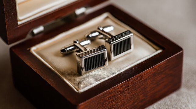 Pair of cufflinks with black and silver details displayed in a wooden box