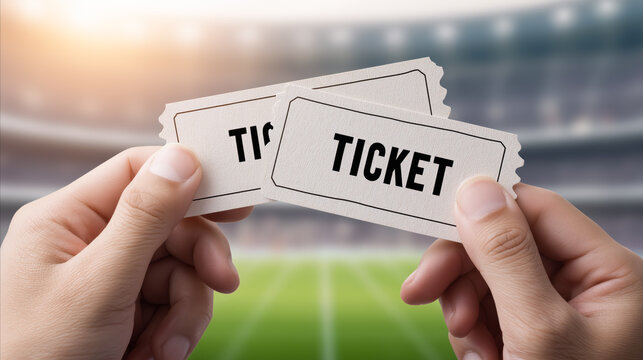 Two tickets for a football match held in hands against the background of a brightly lit stadium. Concept of championship, tournament, attending the game and anticipation of a major sporting event.