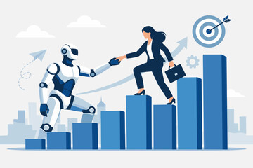 Fototapeta premium Artificial Intelligence Robot Helping Businesswoman Climb the Bar Chart Ladder of Success to Reach Target Goal, Human and AI Collaboration for Business Growth and Career Advancement Vector.