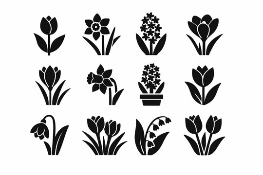 Black Spring Flower Silhouette Icon Collection Featuring Various Botanical Designs Like Tulip, Daffodil, Hyacinth, Crocus, Snowdrop, and Lily of the Valley for Garden and Nature Projects