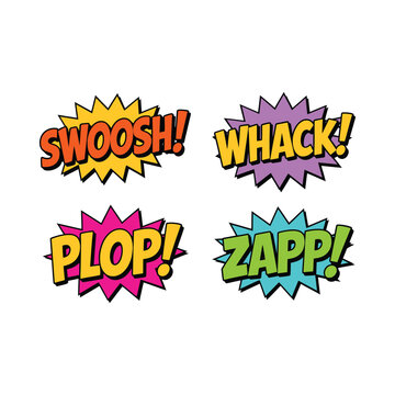 Four colorful comic book style sound effects swoosh whack plop and zapp