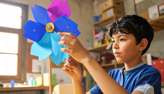 Child crafting colorful cardboard windmill by window in creative learning activity