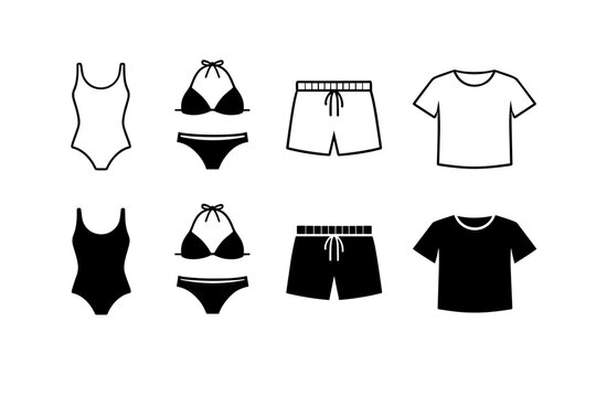 Minimalist Summer Clothing and Swimwear Icon Set Featuring One-Piece Swimsuit, Bikini, Board Shorts, and T-Shirt in Simple Black Line Art and Solid Silhouette Styles for Beach and Vacation Design.