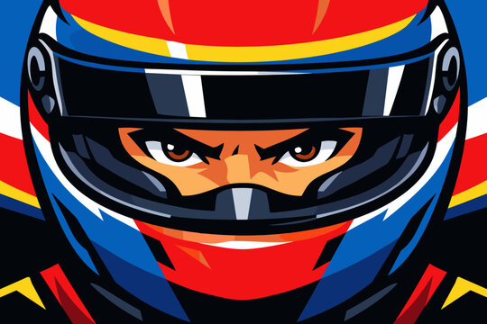 Close-up vector illustration of a racing driver wearing a colorful helmet with an intense and determined gaze visible through the visor, featuring bold primary colors and a flat design style.