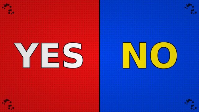 Split red and blue panel with bold YES on red and NO on blue, dotted texture and corner accents. art