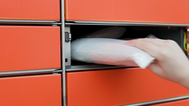 Close-up of a hand opening an orange automated parcel locker to retrieve a cardboard box and mail envelope. Concept of e-commerce delivery and pickup. High quality 4k footage
