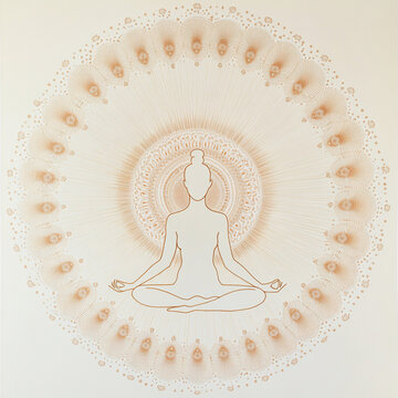 A meditating woman within a delicate, circular mandala pattern. The design is intricate yet calm, spiritual, and beautifully balanced.