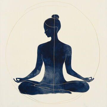 Silhouette of a woman in lotus pose. A single, unbroken thin line in deep indigo draws The design feels graceful, meditative, and handcrafted.