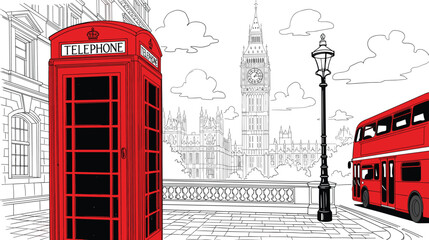 London city illustration with Big Ben, red telephone booth and double decker bus urban travel landmark vector scene © MdMostafijur