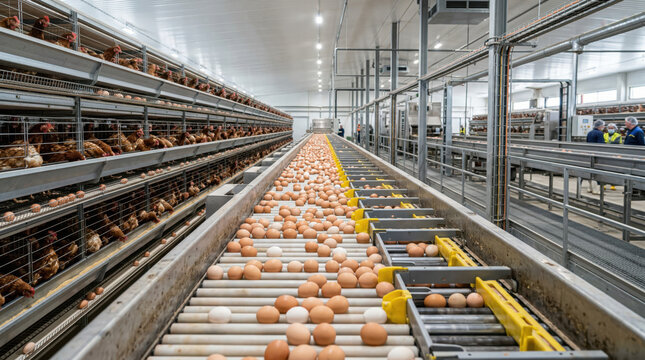 Egg farm interior with conveyor belt transporting eggs, rows of chicken cages visible on both sides, modern facility designed for poultry production and egg collection