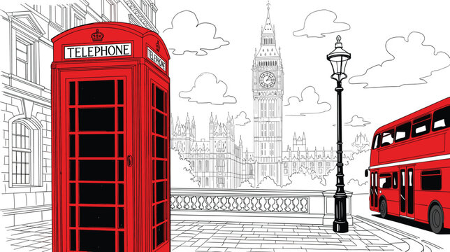 London city illustration with Big Ben, red telephone booth and double decker bus urban travel landmark vector scene