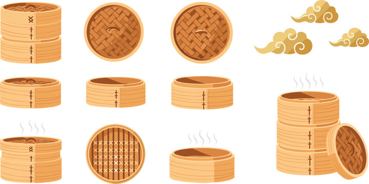 Set of Bamboo Steamers with Lids and Steaming Clouds for Asian Cuisine, Cooking, and Restaurant Designs, Vector Art
