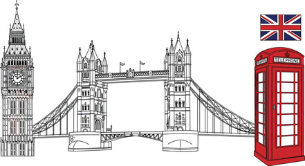 Obraz premium London landmark illustration with Big Ben, Tower Bridge, Union Jack flag and red telephone booth vector travel icon set