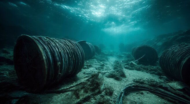 Abandoned underwater scene with old rusty barrels on ocean floor with sandy terrain and natural ligh