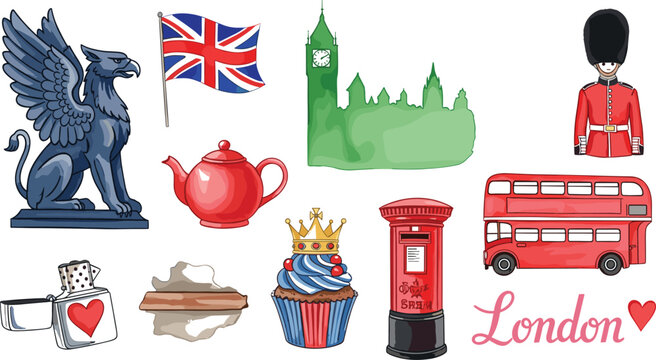 London symbols illustration set with Big Ben skyline, red bus, British guard, Union Jack flag and classic UK icons
