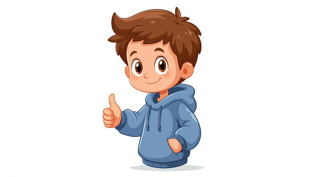 Boy wearing a blue hoodie gestures with a thumbs up sign while smiling brightly in this colorful cartoon illustration that is designed for educational materials and children's media.