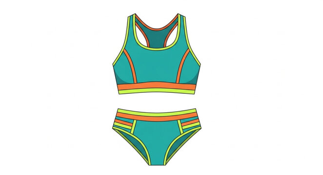 Teal bikini set with colorful trim detail.