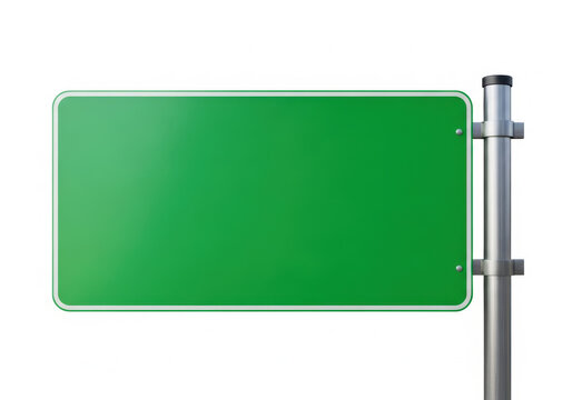 Empty green road sign on metallic pole isolated on white with glossy surface and subtle reflection conveying direction or advertising
