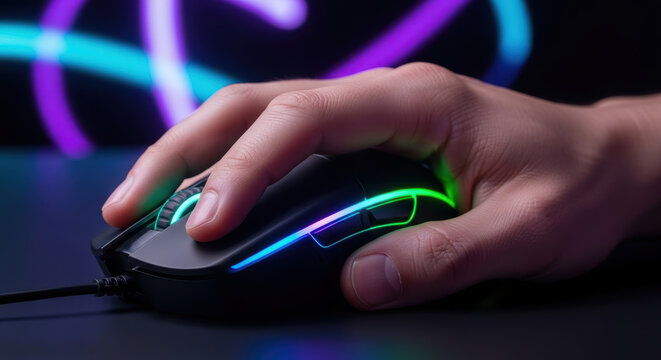 Close up gaming mouse with hand gripping illuminated RGB lights and neon bokeh background conveying intense focus and speed