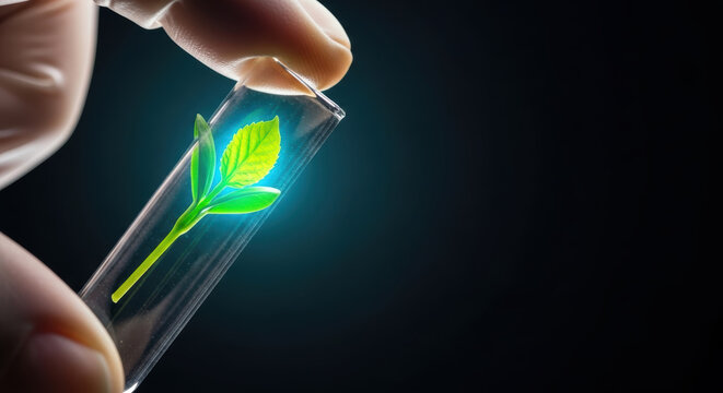 Gloved finger holds glass test tube with glowing green seedling inside bioluminescent plant science concept, dramatic dark background