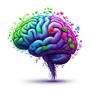 Lush green blue purple brain with growing foliage and colorful flowers expressing creativity and growth