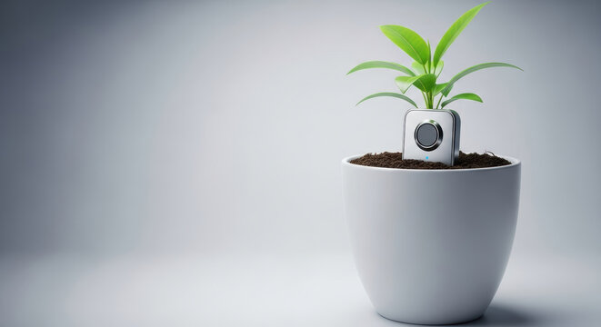 Smart sensor soil moisture plant pot minimalist white ceramic gadget green leaf technology modern indoor decor