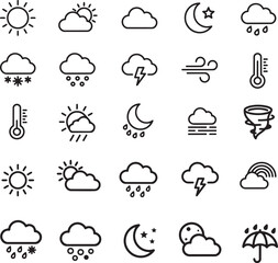 Fototapeta premium Set of Weather Icons: Sun, Clouds, Rain, Snow, Moon, Thermometer, Storms vector illustration