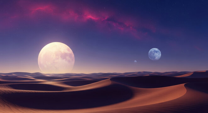 Vast barren desert under two glowing moons and starry sky with distant nebula, minimalist alien landscape evoking quiet wonder