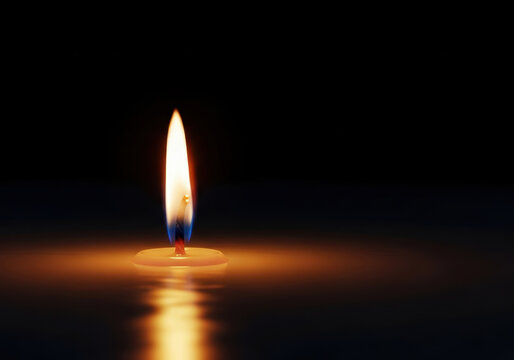 Soft yellow candle flame minimalist surface black background warm reflection glowing calm light