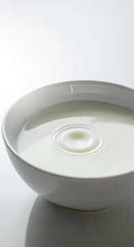 Fresh milk in white bowl with gentle ripple and soft natural light top view serene minimal food still life