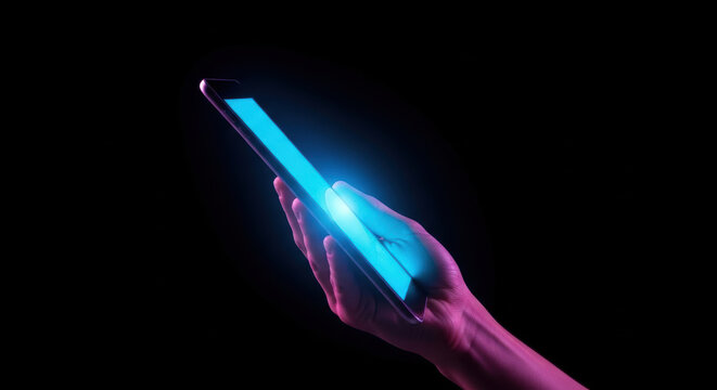Glowing tablet hand blue light digital tablet touchscreen technology illuminated fingers futuristic device