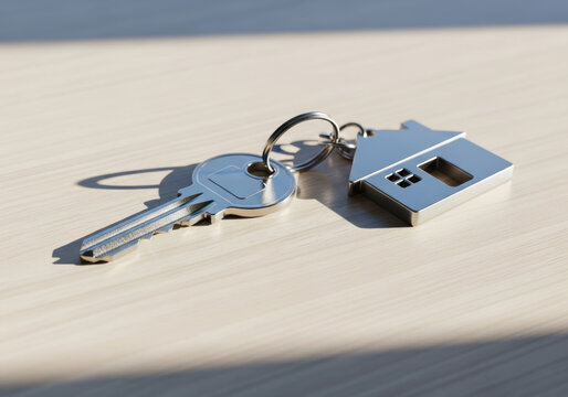 Silver key house keychain on wooden table in morning sunlight evoking new home ownership and fresh start
