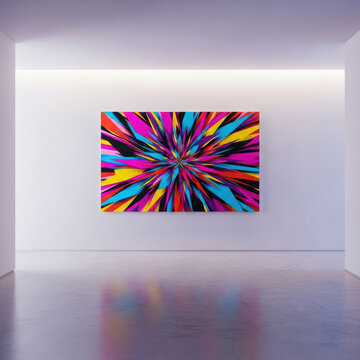 A colorful abstract canvas burst on white gallery wall minimalist hallway polished concrete floor mockup vibrant modern art