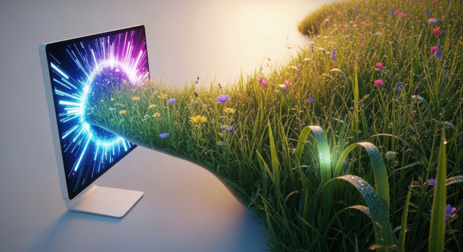 Digital monitor portal pouring lush sunlit meadow of grass and wildflower representing mindful shift to nature and mental health