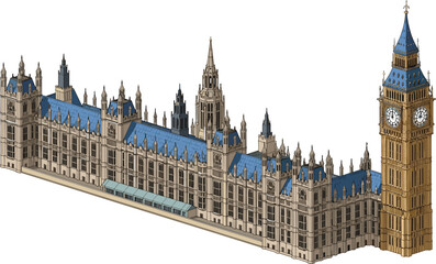 Obraz premium Palace of Westminster and Big Ben London landmark detailed architecture illustration British Parliament historic building travel tourism vector illustration