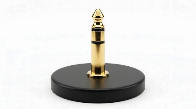 Macro Close-Up of Gold-Plated 6.35mm TRS Audio Jack Plug in Matte Black Base Isolated on White Background