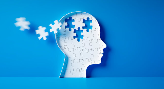 Head and brain diseases concept - missing pieces flying of the brain puzzle on blue background with copy space