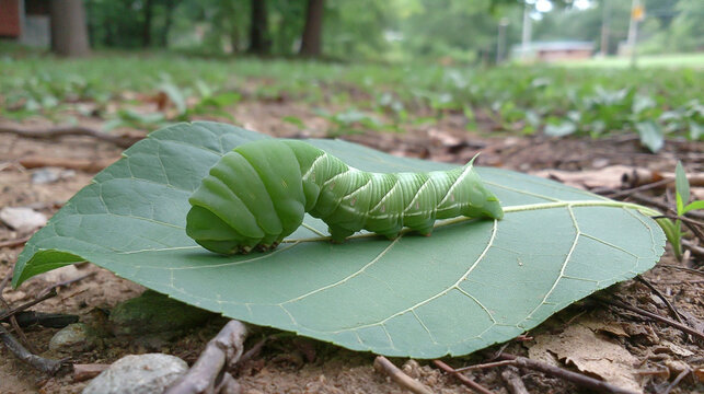 Green hornworm caterpillar rests motionless on a large fallen leaf lying on the forest ground, highlighting the natural camouflage and physical characteristics of this garden species.