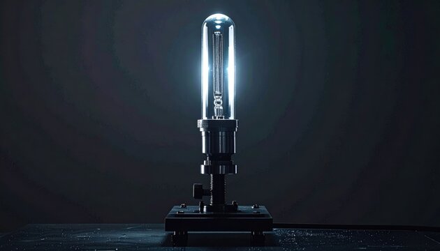 A vintage xenon gas discharge tube emitting brilliant cool white light on a dark background, showcasing industrial design and scientific illumination.