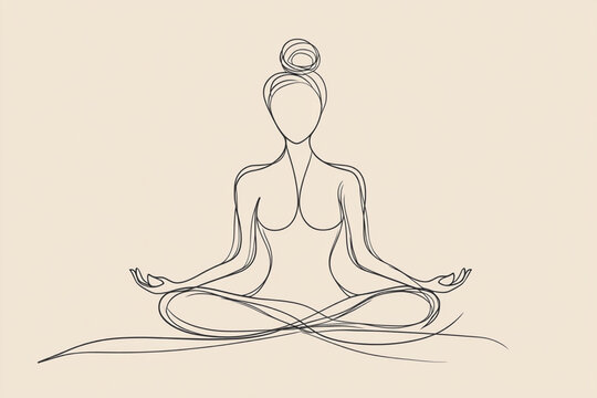A serene illustration of a woman seated in lotus position, drawn with a single, continuous thin line in soft charcoal grey against a warm cream background.