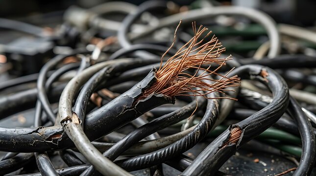 A pile of damaged electrical wires with exposed copper strands tangled together