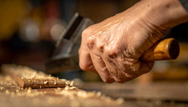 Close-up view of a woodworker's hand with calluses and embedded sawdust using a tool