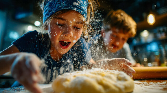 Two children joyfully baking together as flour falls over fresh dough in a cozy kitchen