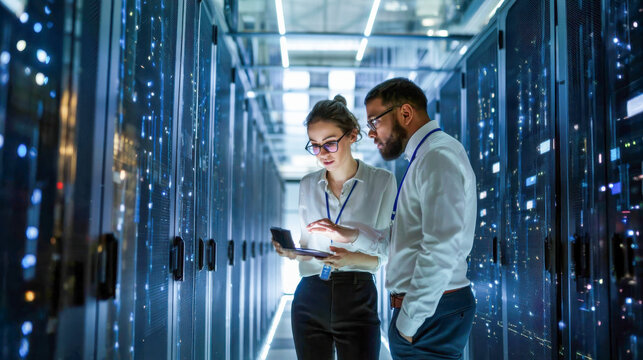 Two IT engineers reviewing server infrastructure on a tablet in a modern data center corridor